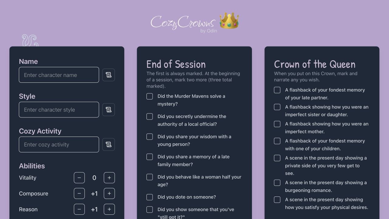CozyCrowns digital character sheet