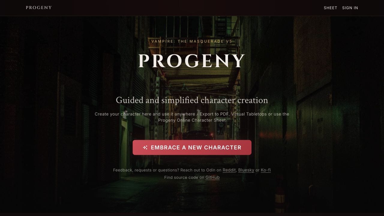 Progeny character creator landing page